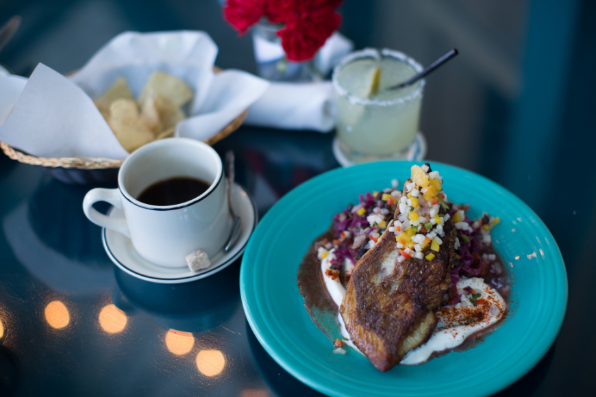 Salsa Dancing in Cuba Image: Red Snapper pico de paloma with mango and black bean slaw, margarita, and coffee.